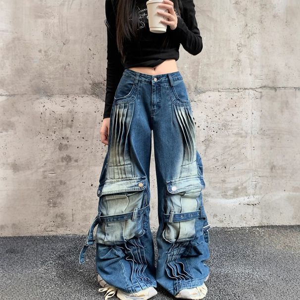 Women's Clothing Deconstructed Washed Workwear Jeans For Women - Oversized Straight Leg Denim Pants With Drop Crotch & Multi-Pockets_mkmklike.com