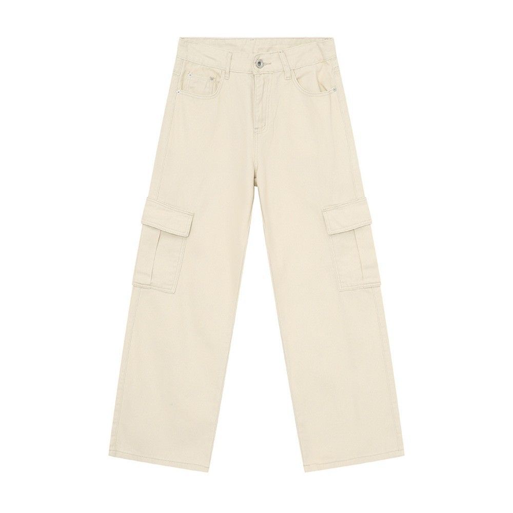 EF JEANS | 2024 New American Solid Color Large Pocket Overalls Light Apricot Casual Loose Straight Jeans_mkmklike.com