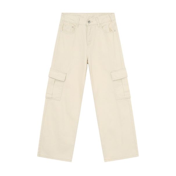 EF JEANS | 2024 New American Solid Color Large Pocket Overalls Light Apricot Casual Loose Straight Jeans_mkmklike.com