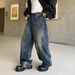 Men's Vintage High Street Distressed Jeans - Parisian Style Straight Leg Denim Pants With Washed Finish_mkmklike.com