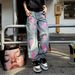 Men's American Style Cross Stitch Pink Patchwork Light Blue Washed Straight Leg Jeans - Slim Fit Casual Pants For Couples_mkmklike.com