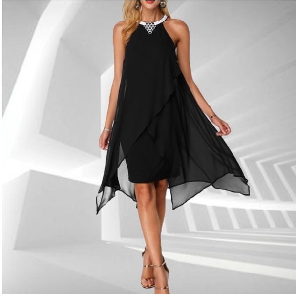 Women's Clothing fashionable solid color mesh sleeveless irregular loose dress_mkmklike.com