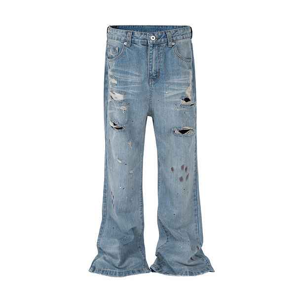 Men's Clothing High Street Old Washed Wide Leg Ripped Bamboo Joints Hand Rubbed Blood Stain Jeans_mkmklike.com