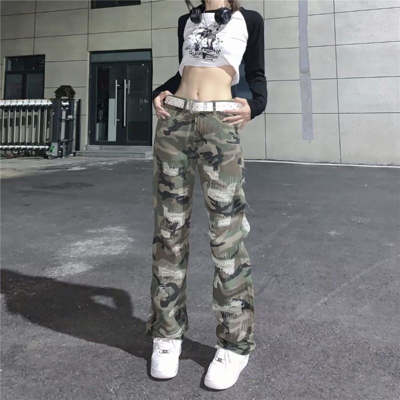 Men's & Women's Distressed Camo Jeans - High Waist Straight Leg Pants With Washed Effect, Unisex Streetwear Fashion_mkmklike.com