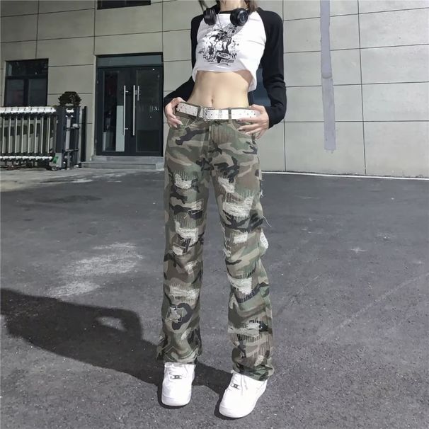 Men's & Women's Distressed Camo Jeans - High Waist Straight Leg Pants With Washed Effect, Unisex Streetwear Fashion_mkmklike.com
