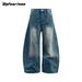 Vintage Washed Distressed Men's Loose Wide Leg Jeans, Retro High Waist Denim Trousers For Casual Streetwear_mkmklike.com