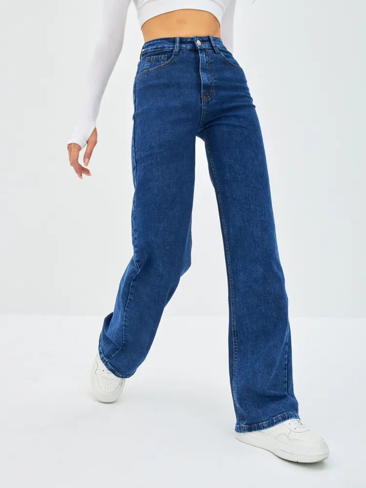 Women's Tall Stretch Denim Jeans - High Waist Wide Leg Pants, Retro Blue, Comfortable Cotton Blend For Office & Casual Wear (Sizes 25-32)_mkmklike.com