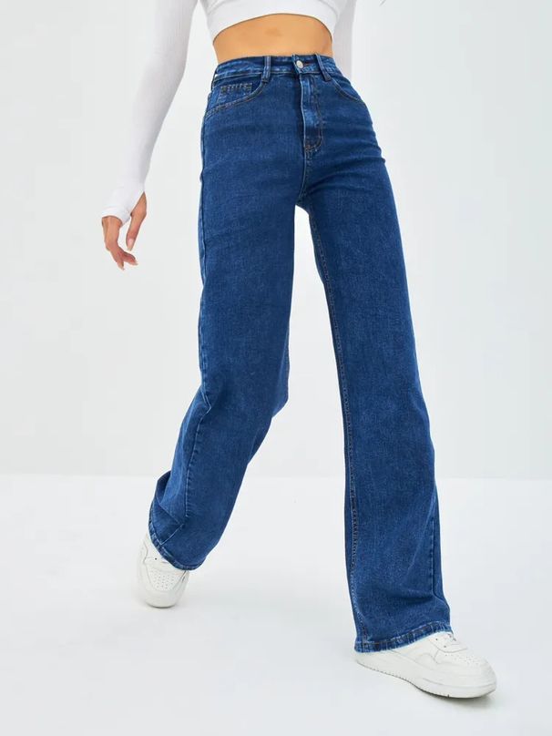 Women's Tall Stretch Denim Jeans - High Waist Wide Leg Pants, Retro Blue, Comfortable Cotton Blend For Office & Casual Wear (Sizes 25-32)_mkmklike.com