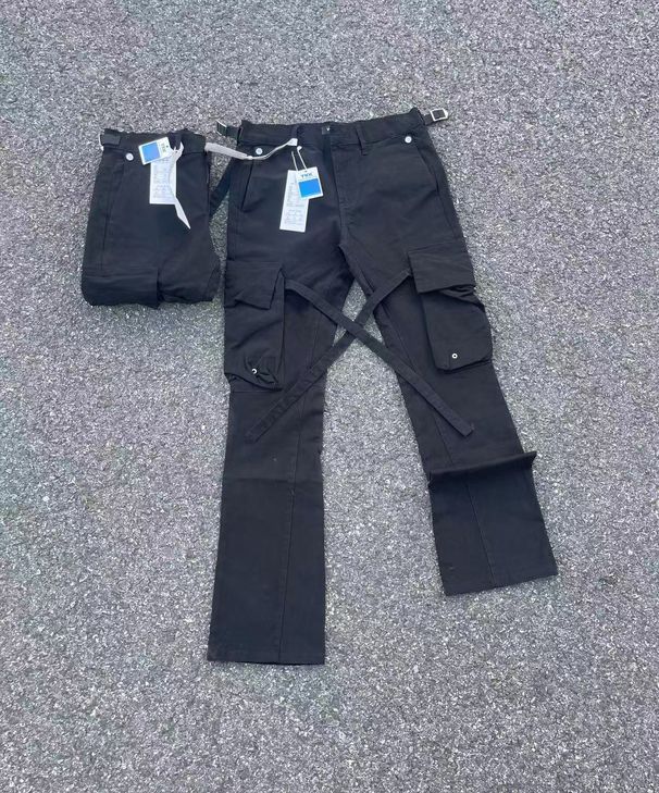 "Utility Cargo Flare Pants Adjustable Drawstring Waist With Multiple Pockets, Unisex Workwear-Inspired Trousers In Distressed Denim For Street Style"_mkmklike.com