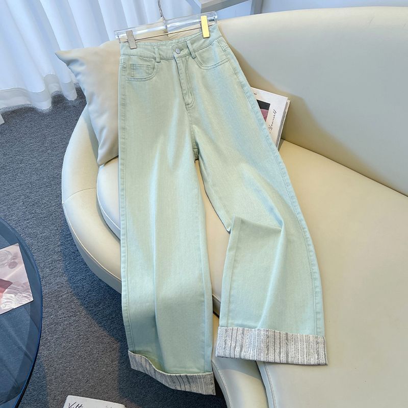 Women's Clothing Light Green Stitching Straight Jeans For WomenSummer New High Waist Loose Slimming Short Nine Point Pants_mkmklike.com