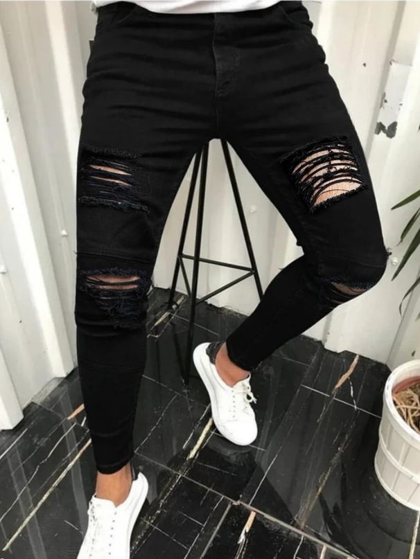 Men's Slim Fit Stretch Ripped Jeans Classic Black Denim Pants For Casual Streetwear_mkmklike.com