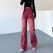 American Retro Red Jeans, Straight Loose Fit, Trendy Design, High-waisted, Slimming, Wide-leg Long Pants For Women_mkmklike.com