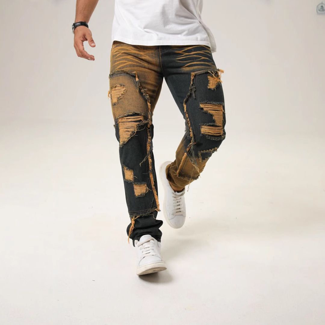 Distressed Patchwork Flare Jeans – Vintage-Inspired Wide Leg Denim With Fringe & Ripped Details (90s Streetwear Revival For Men & Women)_mkmklike.com