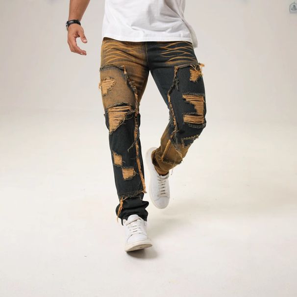 Distressed Patchwork Flare Jeans – Vintage-Inspired Wide Leg Denim With Fringe & Ripped Details (90s Streetwear Revival For Men & Women)_mkmklike.com