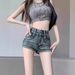 High-Waisted Retro Blue Denim Shorts for Women Sexy Tight Slimming A-Line Hot Pants American Trendy New Summer Style_mkmklike.com