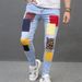 REPPUNK Men's Slim Fit Light Blue Distressed Denim Jeans With Patchwork, Straight Leg Casual Pants For Teenagers_mkmklike.com