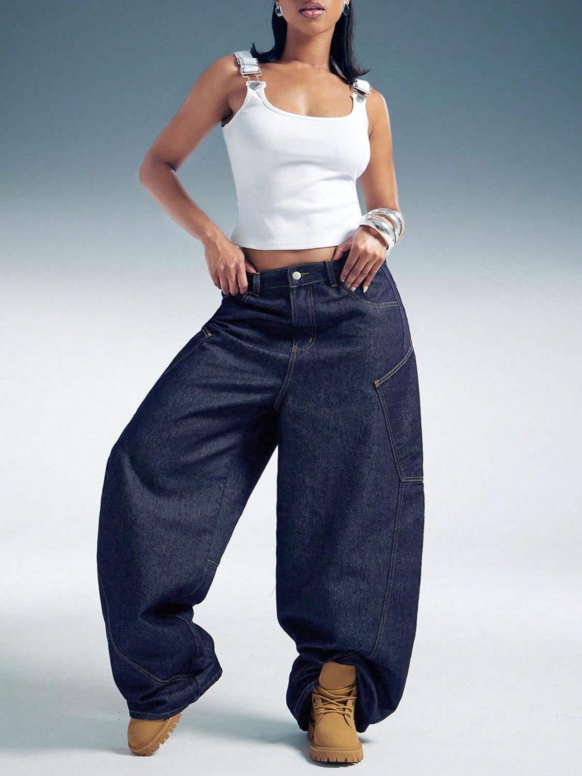Women's High Waisted Wide Leg Jeans Original Dark Blue Patchwork Loose Fit Floor Length Curved Edge Banana Pants American High Street Style_mkmklike.com