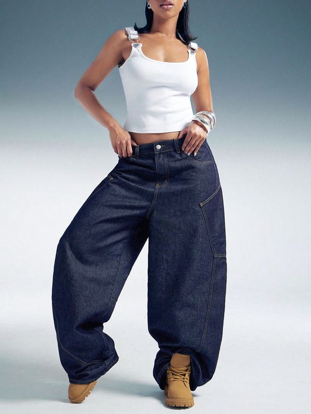 Women's High Waisted Wide Leg Jeans Original Dark Blue Patchwork Loose Fit Floor Length Curved Edge Banana Pants American High Street Style_mkmklike.com