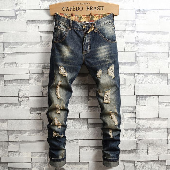 Men's Vintage Washed Jeans – Slim Straight Fit Distressed Denim Pants With Artisan Bleaching & Ripped Details_mkmklike.com