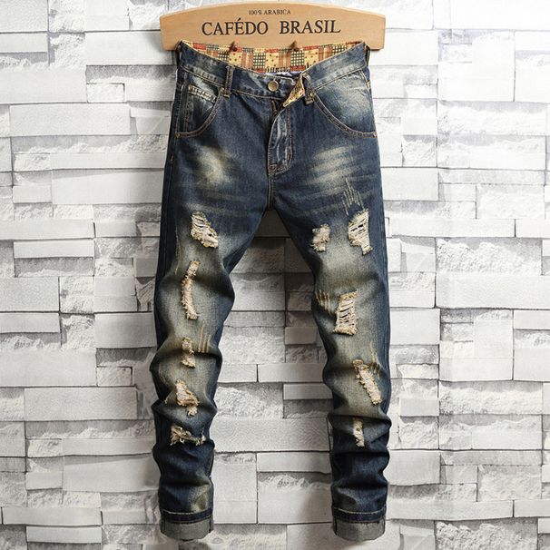 Men's Vintage Washed Jeans – Slim Straight Fit Distressed Denim Pants With Artisan Bleaching & Ripped Details_mkmklike.com