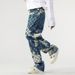 Men's Autumn Mosaic Plaid Check Jeans, American High Street Loose Straight Wide Leg Trendy Personality Denim Pants_mkmklike.com