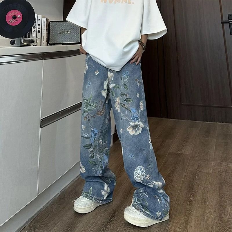 Men's Clothing Floral Washed Jeans Design Sense High End Men's Summer Loose Wide Leg Mopping Pants_mkmklike.com