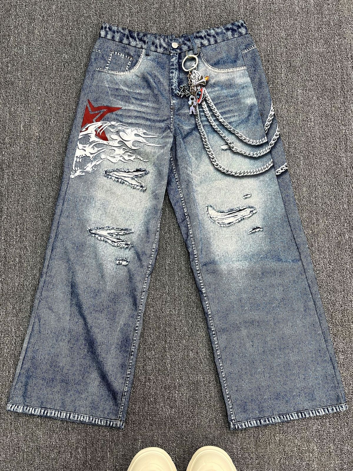 Men's Jeans Ins Print Four Seasons Loose Casual Straight Wide Leg Pants_mkmklike.com