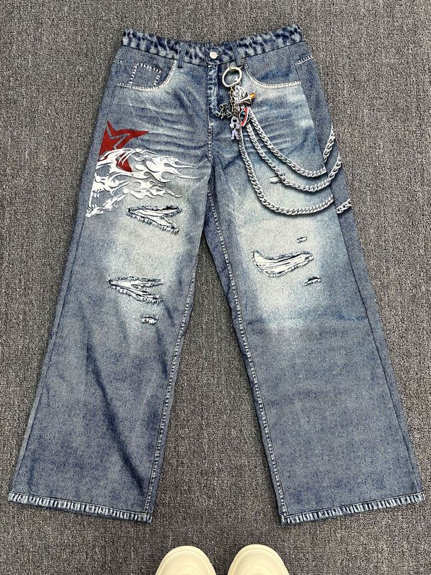 Men's Jeans Ins Print Four Seasons Loose Casual Straight Wide Leg Pants_mkmklike.com