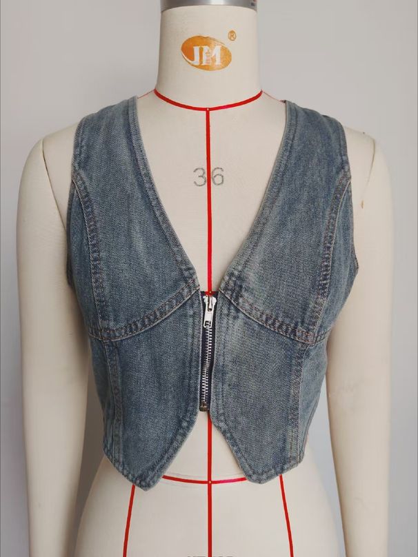 K New Zipper Denim Vest Short Tank Top_mkmklike.com