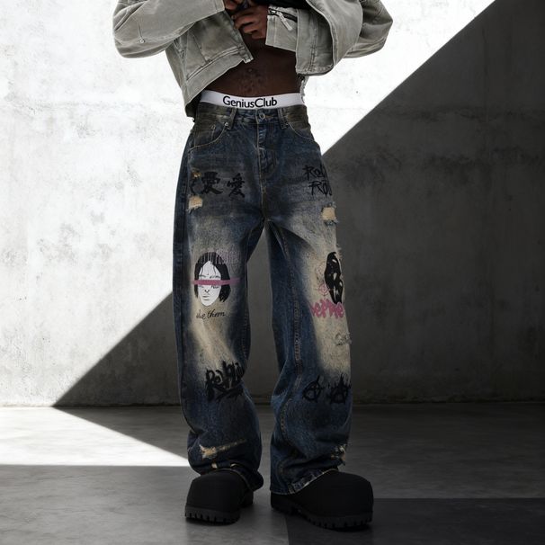 Men's Oversized Straight-Leg Jeans – Distressed Washed Denim With Graffiti Face Print & Fake Rips (Streetwear, Urban Style, Low Waist, Unisex Appeal)_mkmklike.com
