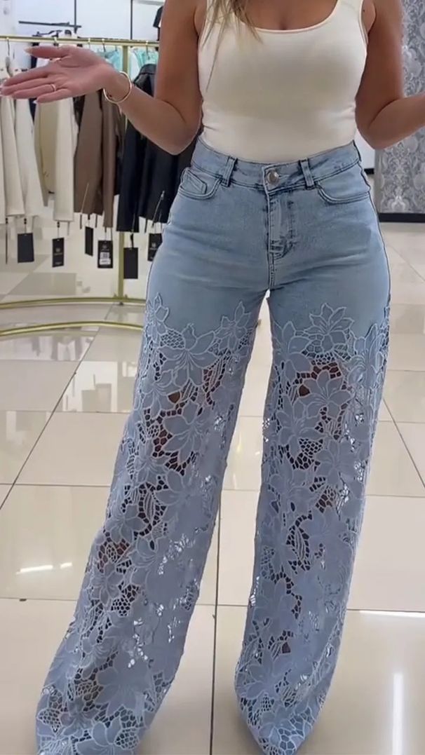 Ladies Sexy Lace Hollowed Out Jeans Summer Retro Solid Color Wide Leg Pant 2025 Casual Crochet Spliced High Waist Trousers New_mkmklike.com