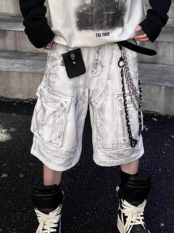 Men's Clothing High Street Dirty Workwear Denim Knee Length Shorts Niche All Match Trendy Loose Straight Leg Cropped Trousers_mkmklike.com