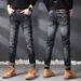 Slim Fit Distressed Patch Jeans For Men, Youth Style, Unique Vintage Straight Leg Pants_mkmklike.com