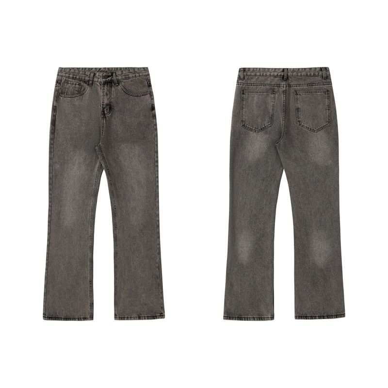 Men's Washed Flared Jeans – Heavyweight Cotton Denim, Distressed Details & Loose Fit For Streetwear Styling (Greyish Blue, S-XXL)_mkmklike.com