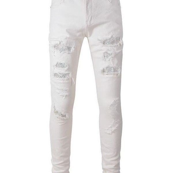 White Diamond Embellished Ripped Patch High Street Elastic Slim Fit Jeans Men's Pants_mkmklike.com