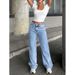 Blue Snowflake Wide Leg Long Hem Jeans Low Rise Small Size Women's Denim Trousers_mkmklike.com