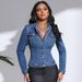 Women's Denim Jacket With Long Sleeves, Turn-Down Collar & Functional Pockets – Classic Streetwear Style In Blue & Dark Blue_mkmklike.com