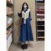 ELLE Super Stylish Denim Blue For Women, Autumn New Slimming And Concealing College Style Vest Dress Two-Piece Set_mkmklike.com