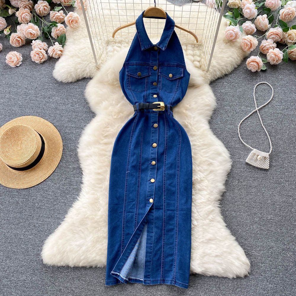 Ladylike Temperament Halter Neck Single-breasted Sexy Beautiful Back Dress Women's Lace-up Waist Slimming Hip-hugging A-line Denim Skirt_mkmklike.com