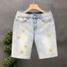 Men's Embroidered Denim Shorts Trendy Loose Straight Leg Casual Distressed Five Point Mid Length Summer Thin Pants_mkmklike.com