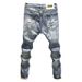 Vintage Men's Slim Straight Jeans With Distressed Patches & Stretch - Retro Autumn Style (Light Blue)_mkmklike.com