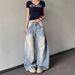 Men's Clothing Retro Distressed Scimitar Bamboo Pattern Washed Blue Jeans For Women Summer Casual Loose Wide Leg Trousers_mkmklike.com