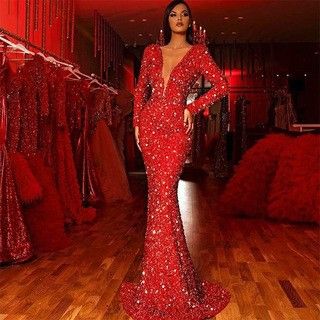 Women's Clothing Dress Fishtail Edge Red Sparkling Long Sleeve V-neck Dress Long Skirt_mkmklike.com