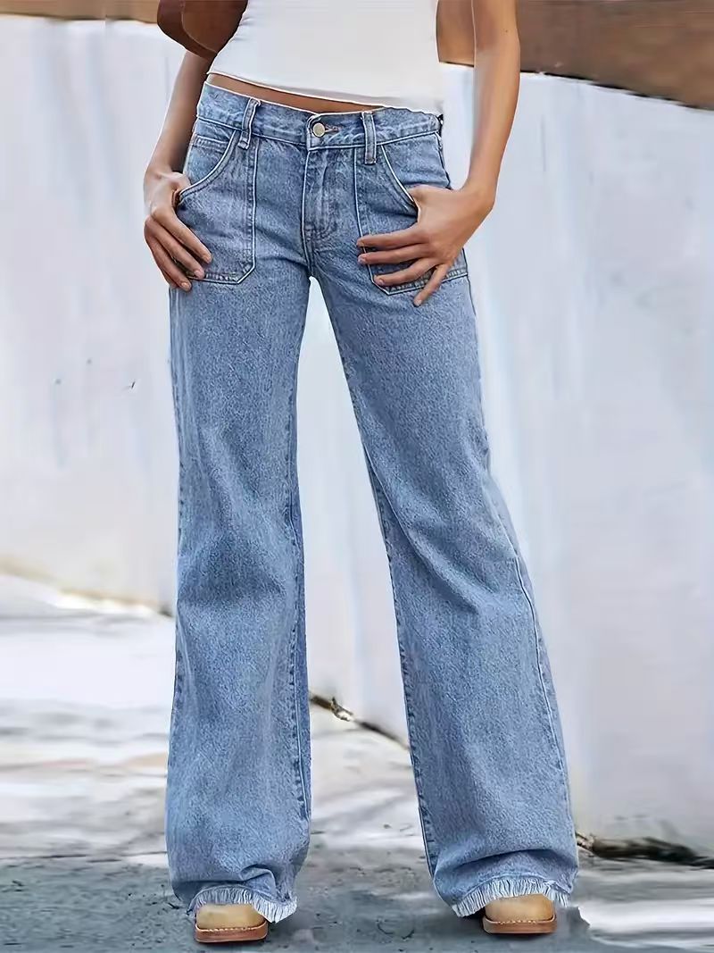 Women's Clothing Retro Wide Leg Jeans Loose Fit With Big Pockets Frayed Hem Spring Summer New_mkmklike.com