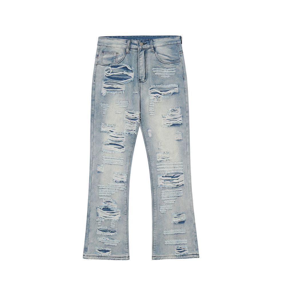 Heavy-Duty Distressed Flared Washed Jeans For Men Trendy Loose Wide-Leg Pants High Street Casual Trousers_mkmklike.com