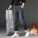 Fleece And Thickened Jeans Men's Winter Slim-fit Elastic Straight Jeans Men's Fattened Plus-size Business Pants Men_mkmklike.com
