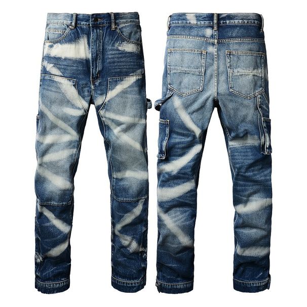 Men's Clothing Retro Whitened Workwear Lumberjack Straight Jeans Men's Jeans Multi Pocket Ripped Jeans_mkmklike.com