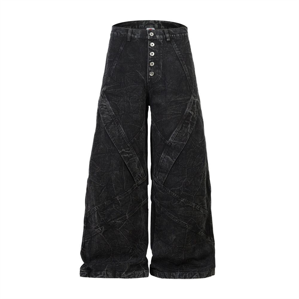 American Heavy Industry Washed Vintage Denim Flared Men's Loose Wide-Leg Button Front Design Floor-Length Pants_mkmklike.com
