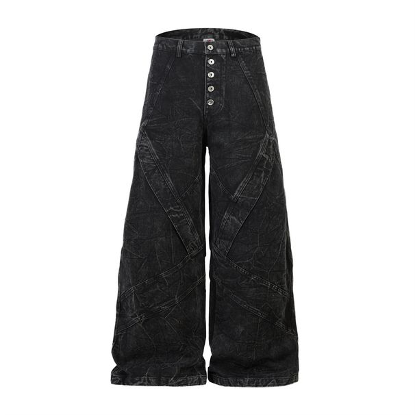 American Heavy Industry Washed Vintage Denim Flared Men's Loose Wide-Leg Button Front Design Floor-Length Pants_mkmklike.com