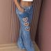 Women's Distressed Heart-Cutout Jeans - Diamond Studded Wide Leg Denim Pants, Vintage Washed Straight Fit For Casual & Streetwear_mkmklike.com